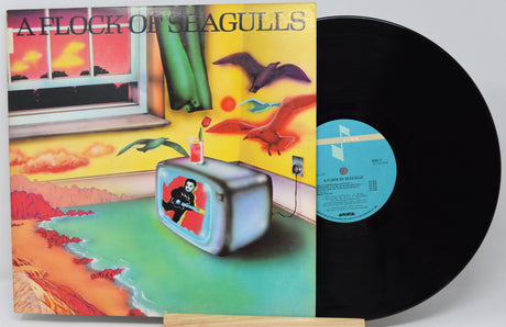 Vinyl record with colorful cover featuring a television and seagulls, on a light gray background.