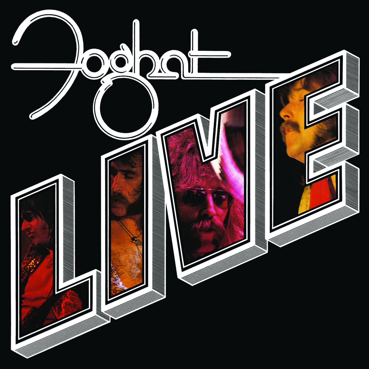 Jaguar Live album cover artwork featuring stylized 3D block letters spelling LIVE with band portraits inside the letter cutouts, on a black background.