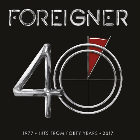 Album cover for 'Foreigner 40' with metallic '40' and red triangle on black background