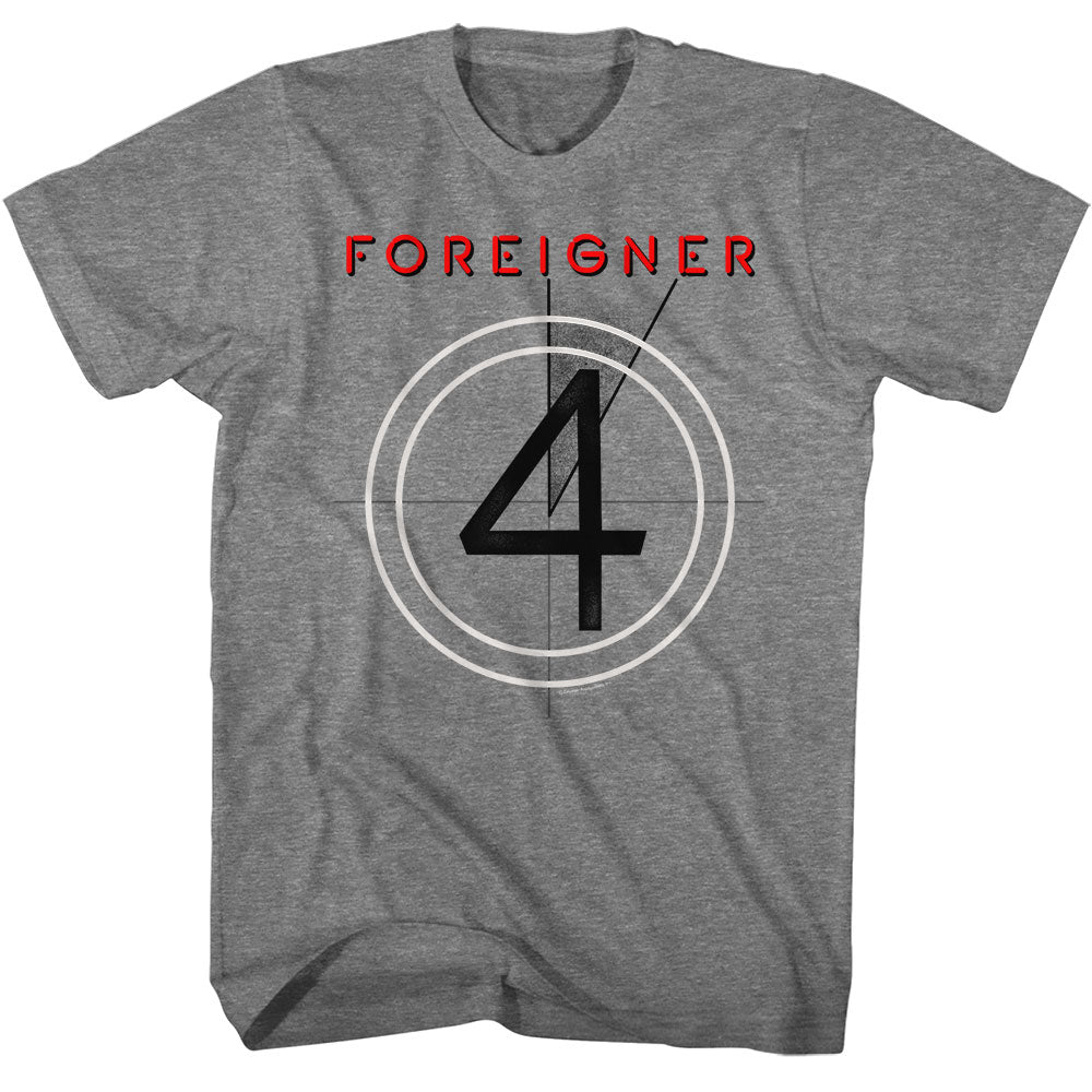 Gray t-shirt featuring Foreigner 4 album countdown graphic with bold red text
