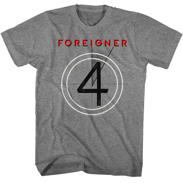Gray t-shirt featuring Foreigner 4 album countdown graphic with bold red text