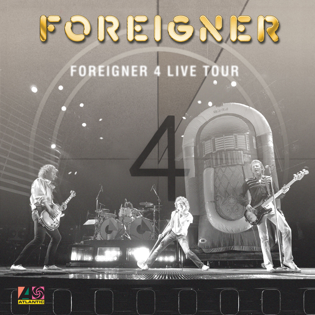 Vinyl record cover for Foreigner's '4 Live Tour' with band members on stage.