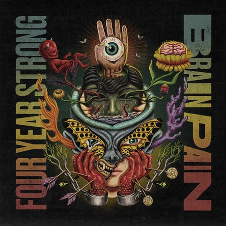 Artistic design with text 'Four Year Strong' and 'Brainpan' on a dark background