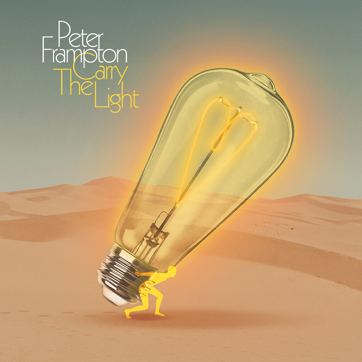 Album cover with a light bulb and person in a desert, featuring 'Peter Frampton Carry The Light'.