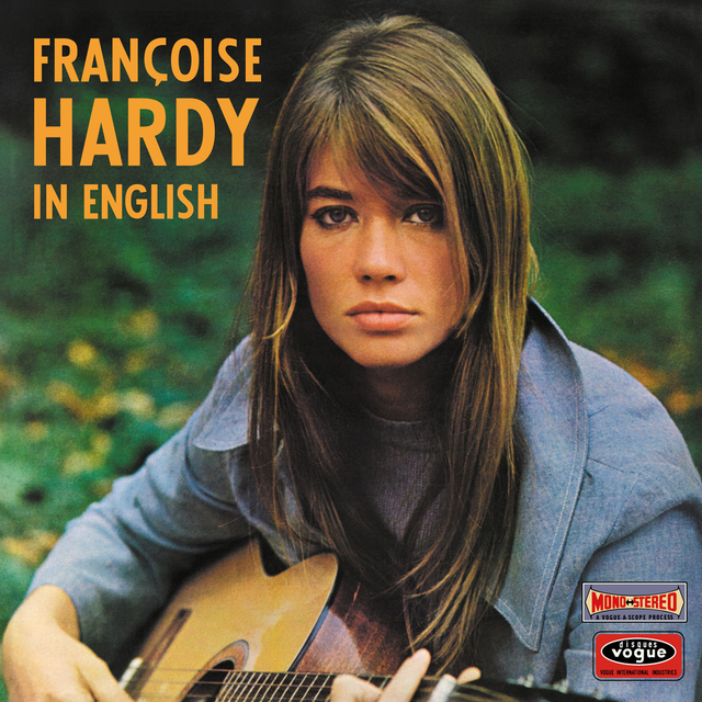 Album cover featuring Françoise Hardy with a guitar, set against a natural background titled 'In E.glish'