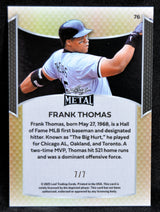 Back of Frank Thomas Leaf Metal baseball card with player biography and stats