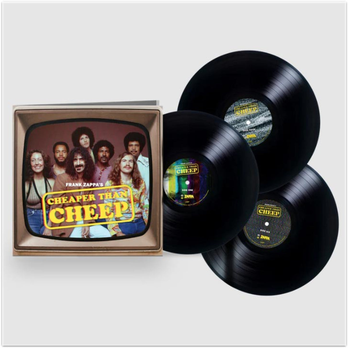 3 Vinyl records and front cover art for Frank Zappa's album 'Cheaper Than Cheep' featuring a photo of Frank Zappa and other band members in front of a television set with the album title text overlay.