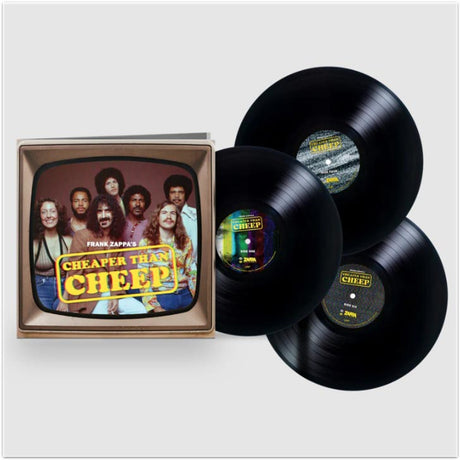 3 Vinyl records and front cover art for Frank Zappa's album 'Cheaper Than Cheep' featuring a photo of Frank Zappa and other band members in front of a television set with the album title text overlay.
