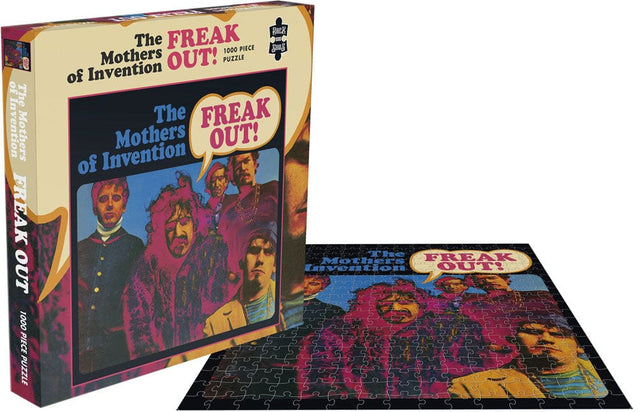 A 1000 piece jigsaw puzzle box with the image of the 'Freak Out!' album cover, featuring a collage of the band members' faces in a colorful, psychedelic style.