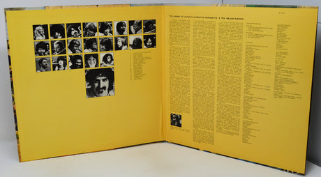 An open book or album booklet with bright yellow pages, featuring a grid of black-and-white portrait photos on the left page and dense printed text on the right page.