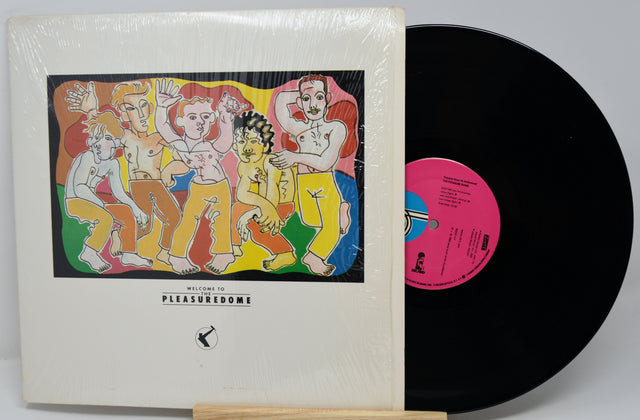 Vinyl record with colorful cover featuring people and a pink label on a white background