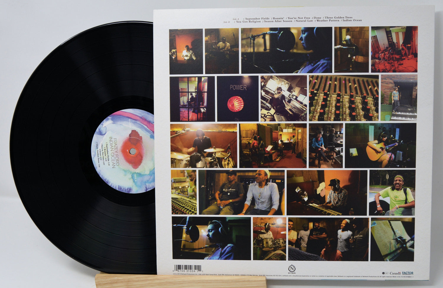Back cover of Frazey Ford's Indian Ocean vinyl LP with studio photo collage and record