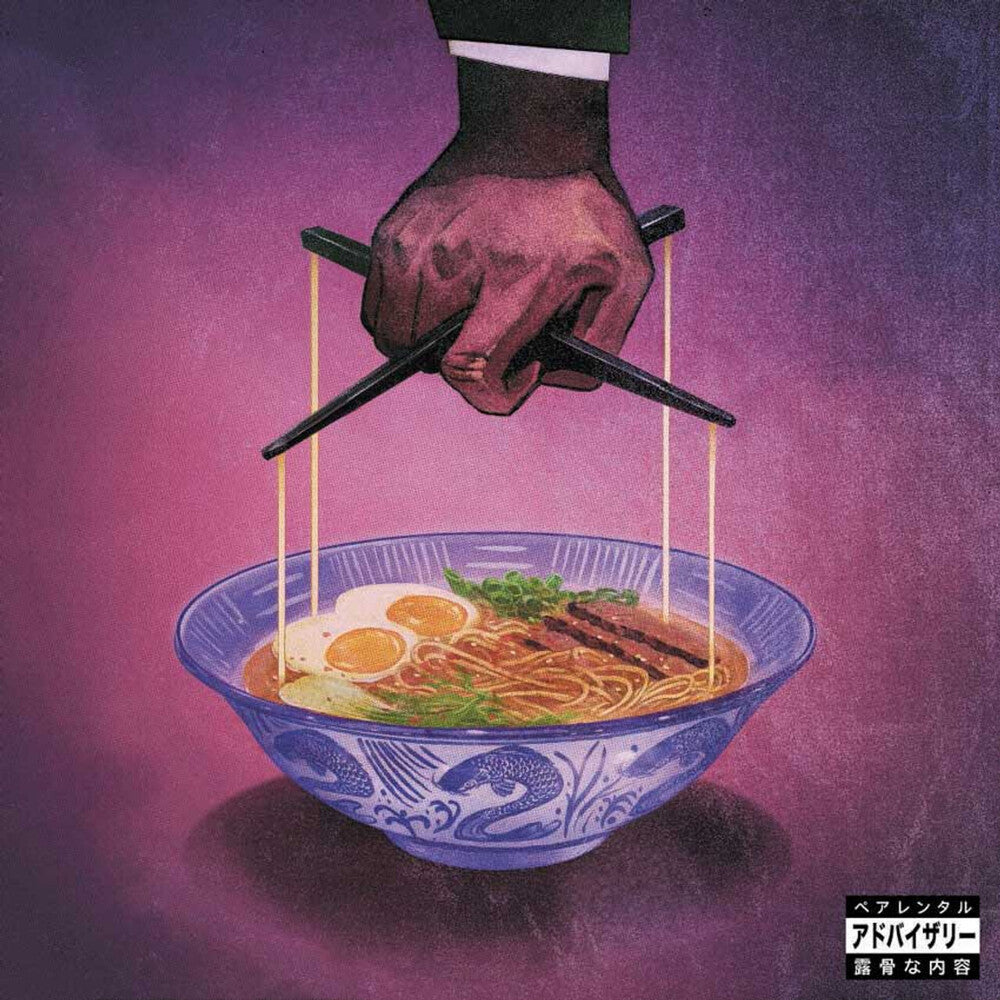 Bowl of ramen with a hand holding chopsticks against a purple background