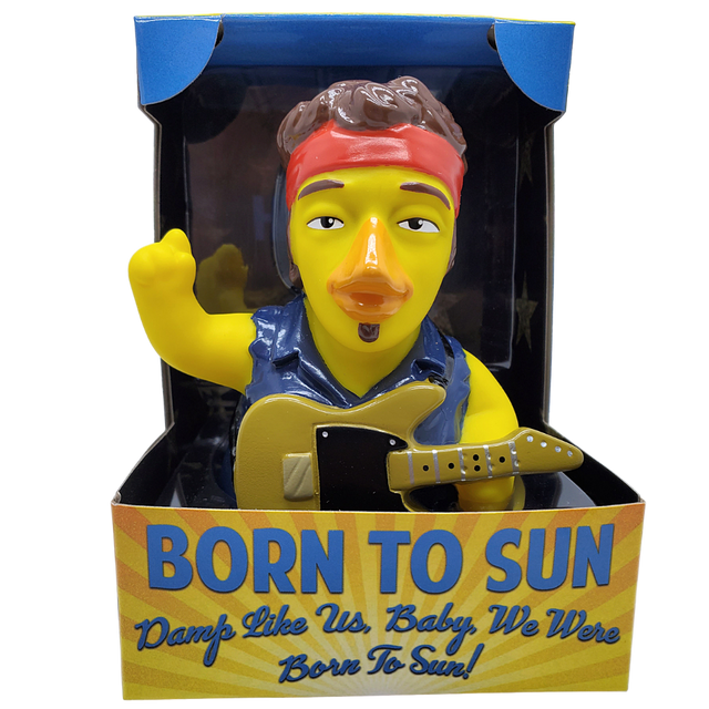 Front view of Born To Sun rockstar duck with blue vest and guitar