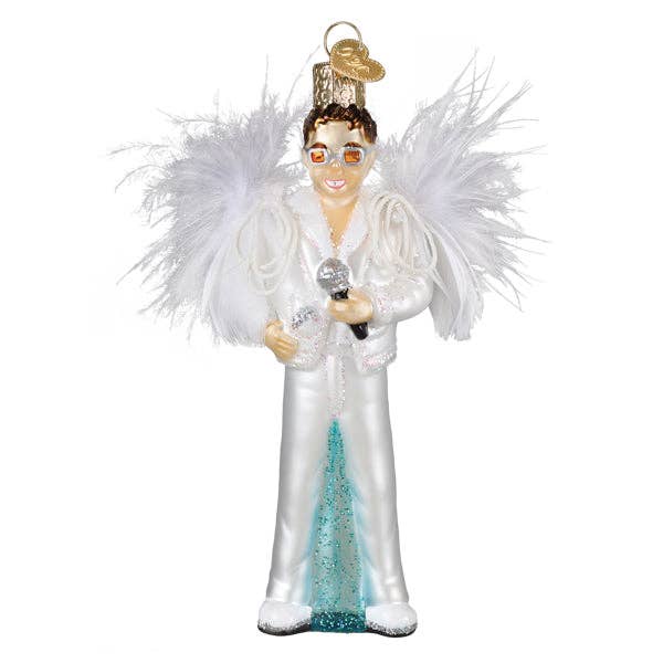 Front view of sparkling glam rock singer ornament with microphone and white suit