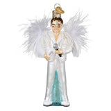 Front view of sparkling glam rock singer ornament with microphone and white suit