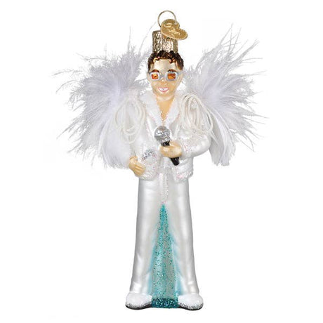 Front view of sparkling glam rock singer ornament with microphone and white suit