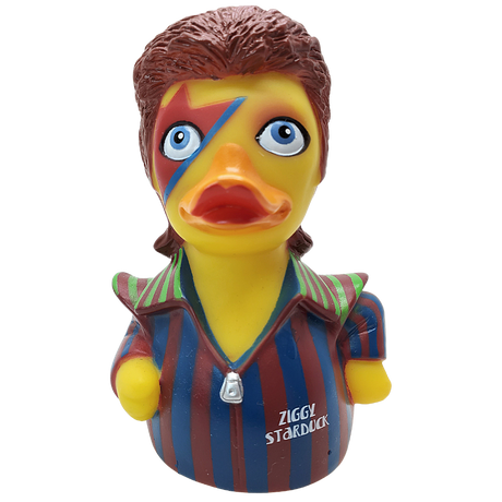 Front view of Ziggy Starduck rubber duck, showing bold stripes and facial makeup