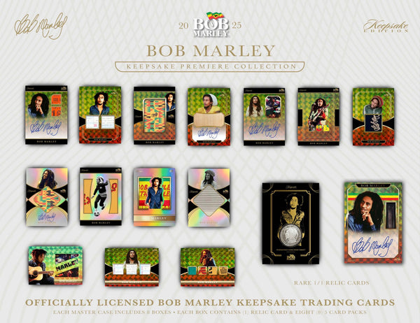 Complete lineup of Bob Marley officially licensed keepsake trading cards with rare relics and autographs