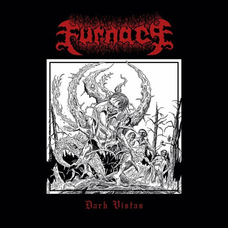 Album cover with black and white illustration and red text on a black background