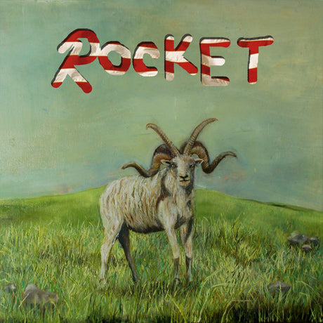 Goat in a grassy field with 'Rocket' text above