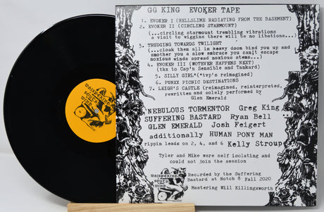 Vinyl record with a black cover featuring text and graphics on a white background