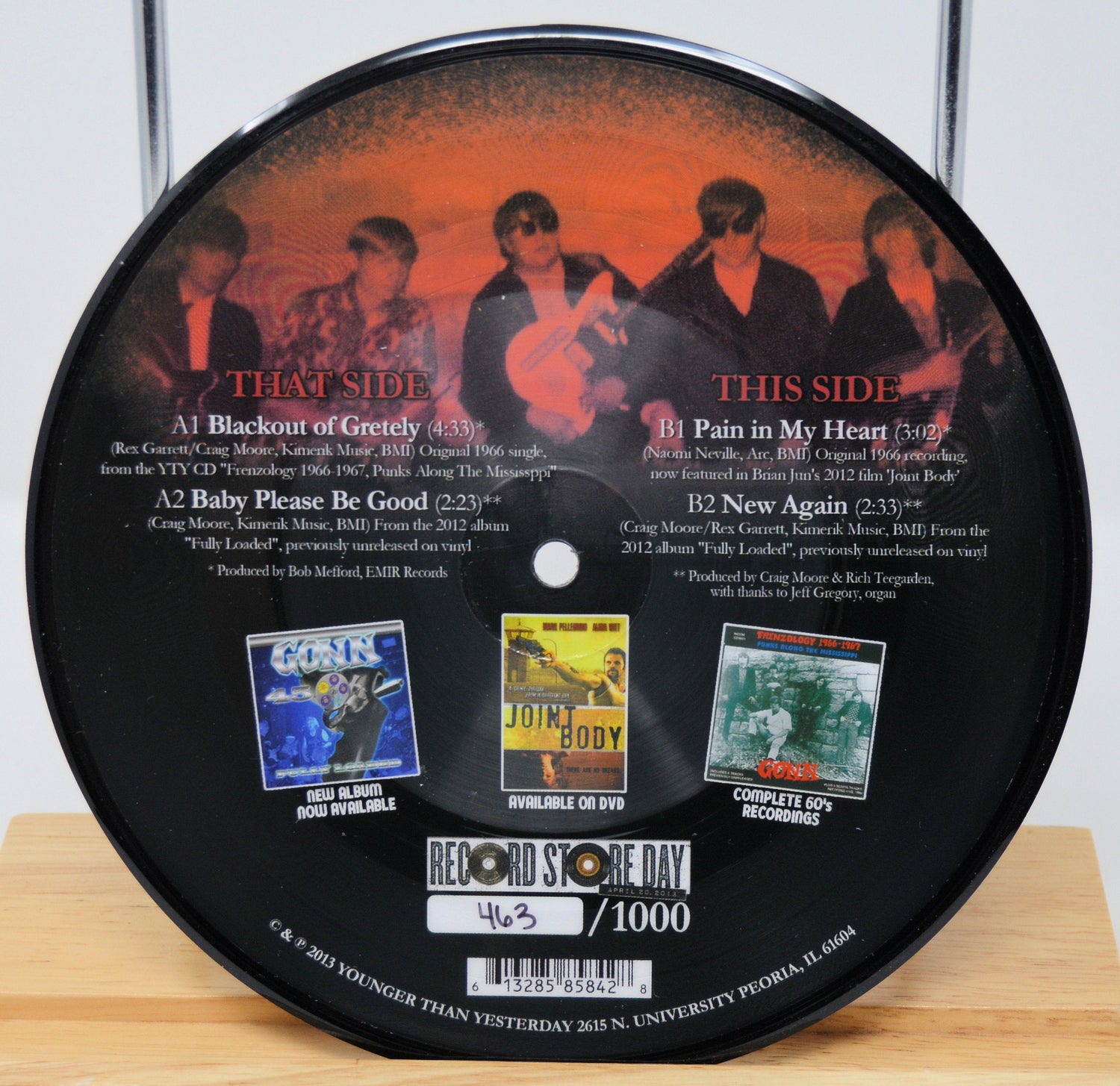 Tracklist and band photo on GONN limited edition vinyl record, numbered for Record Store Day.