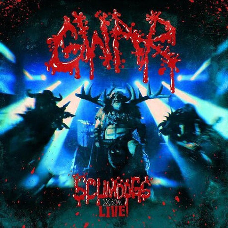 GWAR band members in monstrous costumes performing on stage, Scumdogs XXX Live album cover