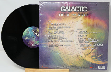 Vinyl record with colorful cover featuring the title 'Into the Deep' by Galactic.