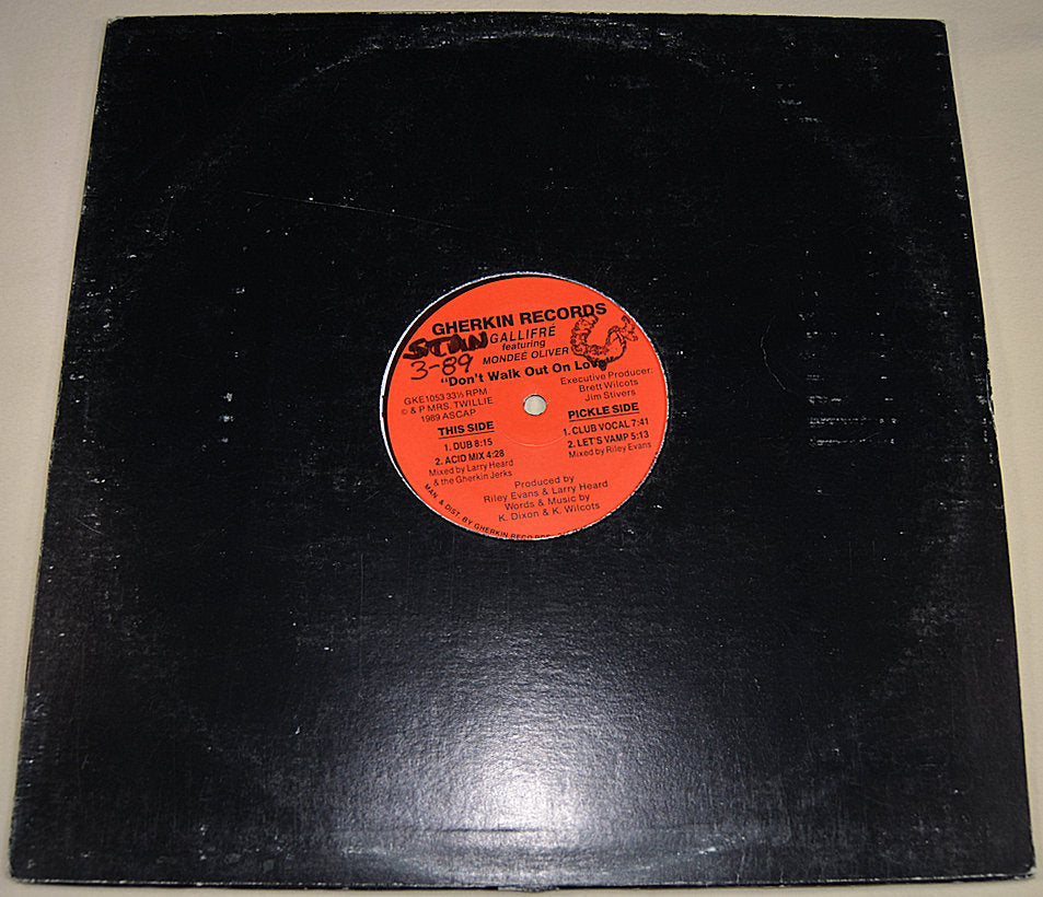 Back of Gallifre – Don't Walk Out On Love 12-inch vinyl showing tracklist and Gherkin Records details