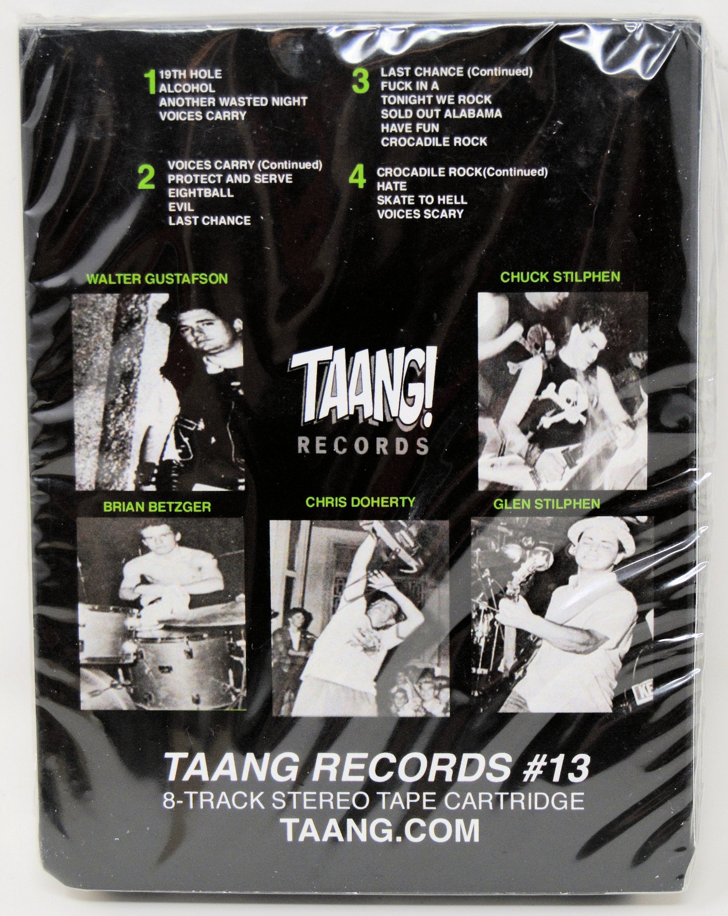 Back cover of Gang Green's 'Another Wasted Night' 8-track by Taang! Records with band members and tracklist