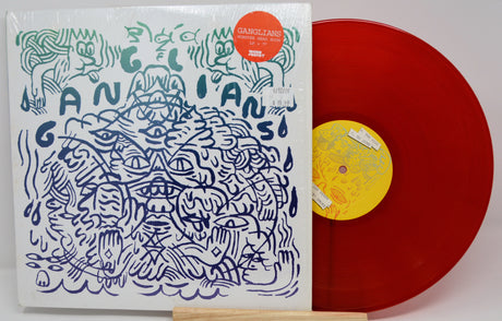 Front cover of Ganglians Monster Head Room LP showing abstract blue line art and red vinyl