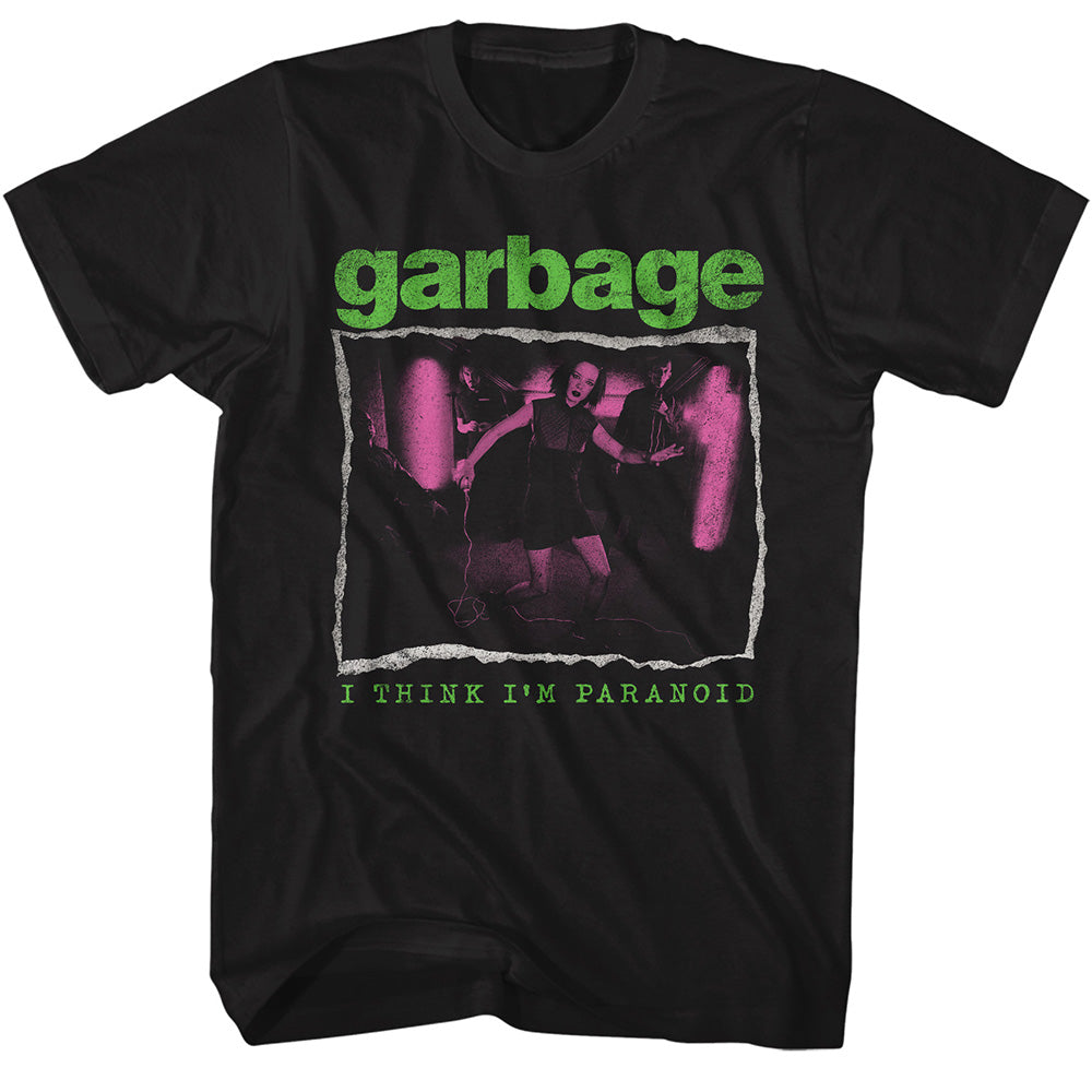 Black t-shirt with 'garbage' band design featuring a album cover and text on a white background