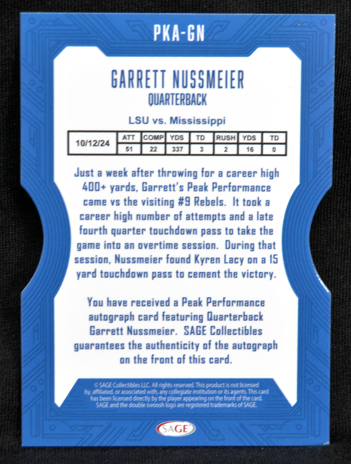 Card featuring Garrett Nussmeier's peak performance statistics with blue border