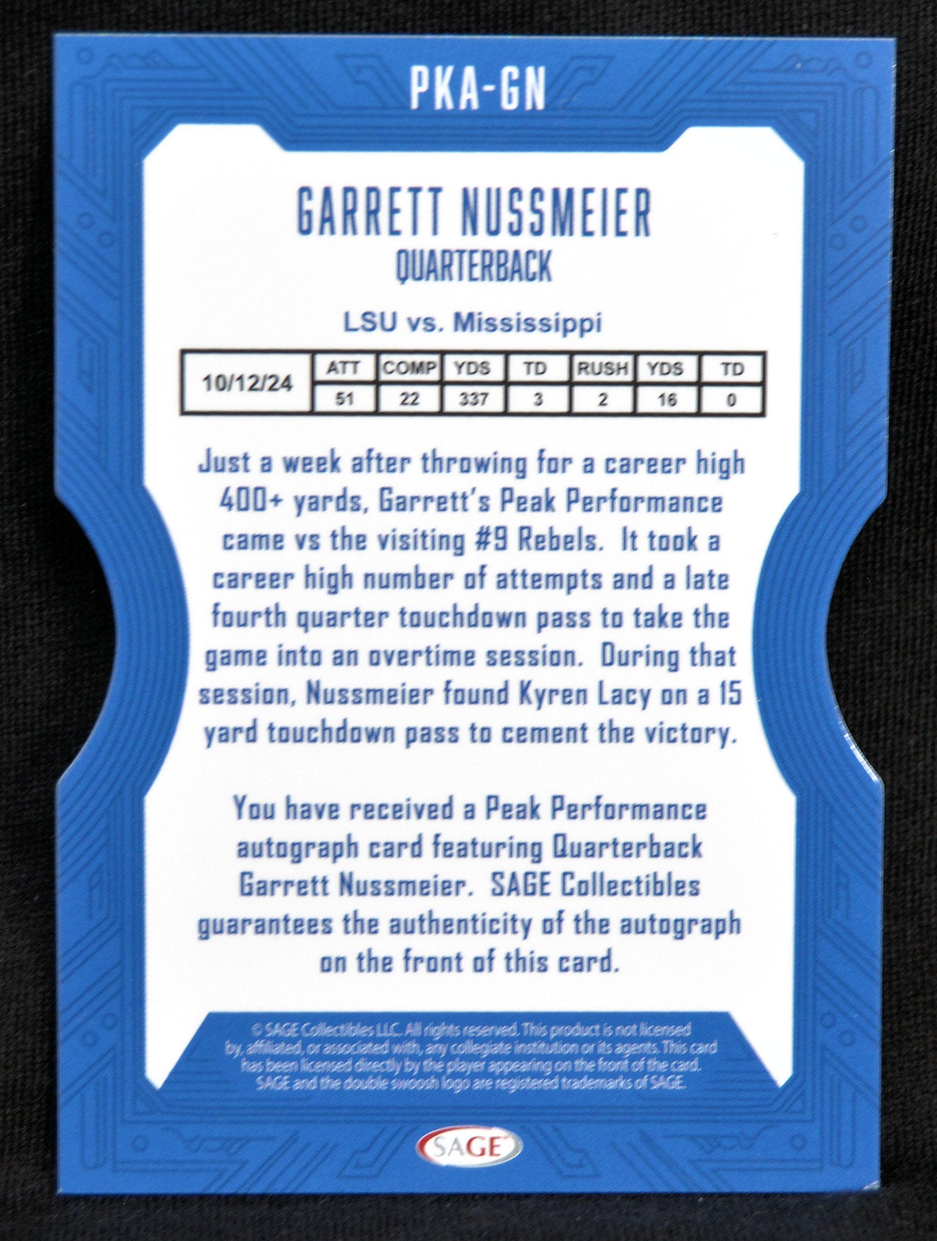Card featuring Garrett Nussmeier's peak performance statistics with blue border