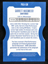 Card featuring Garrett Nussmeier's peak performance statistics with blue border