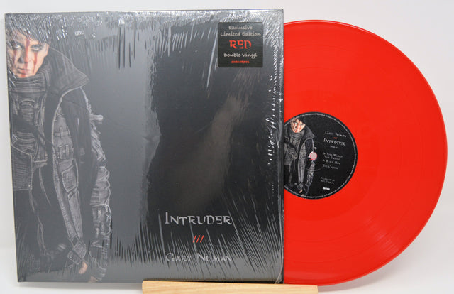 Front cover and red vinyl record of Gary Numan's Intruder exclusive limited edition double album