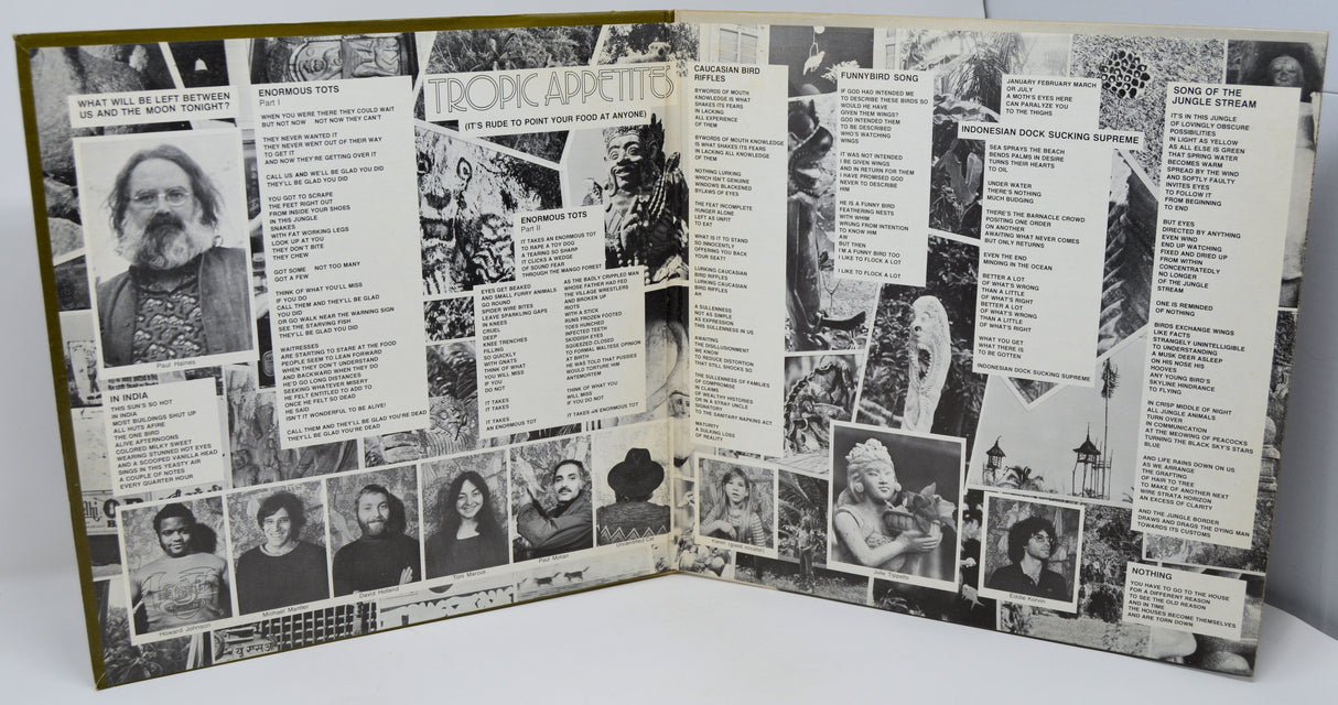Inside gatefold of Carla Bley 'Tropic Appetites' LP with lyrics, collage, and artist photos