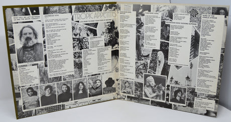 Inside gatefold of Carla Bley 'Tropic Appetites' LP with lyrics, collage, and artist photos