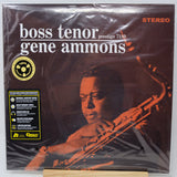 Gene Ammons 'Boss Tenor' Prestige 7180 vinyl record LP in its original shrink wrap, displayed on a wooden stand against a white background.