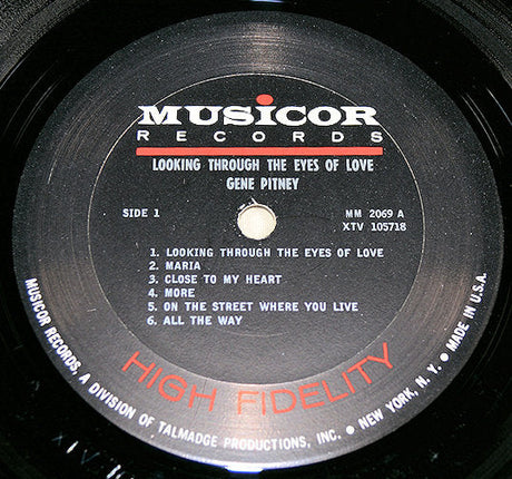 Close-up of the Gene Pitney 'Looking Through The Eyes of Love' vinyl album label by Musicor Records