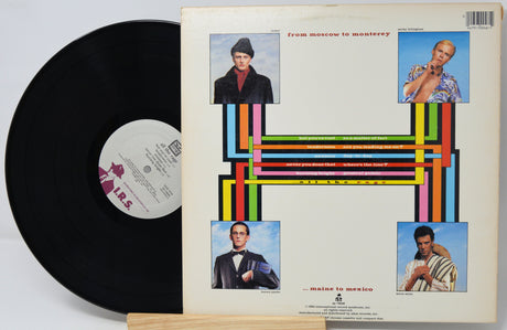 Vinyl record and cover with colorful design and portraits on a white background
