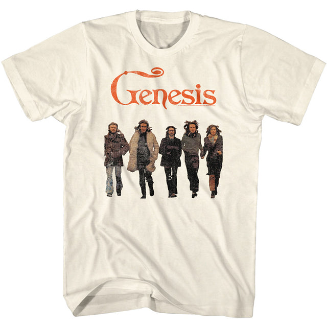 White t-shirt with 'Genesis' band members graphic on a white background