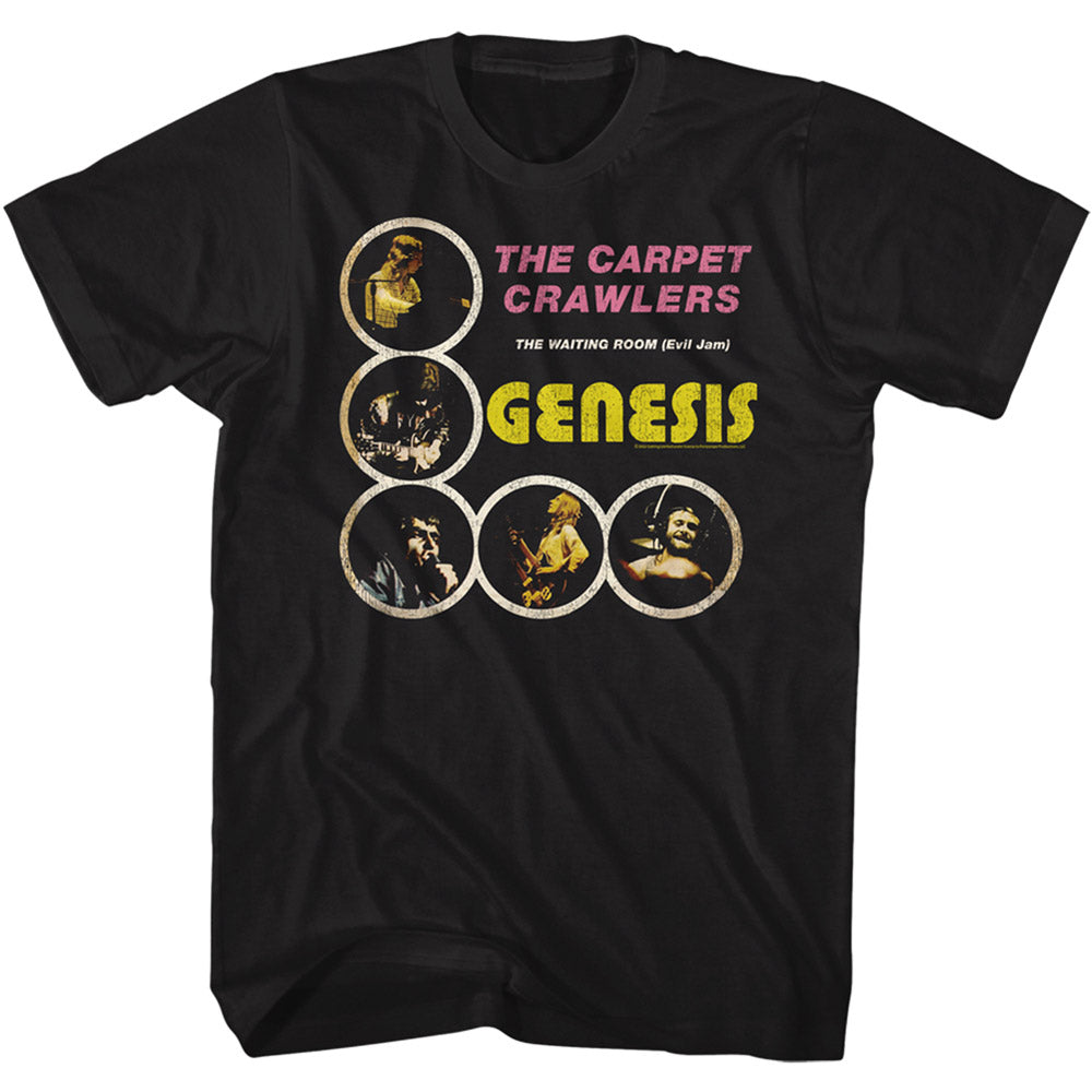 Black Genesis t-shirt featuring The Carpet Crawlers design, band logo, and retro concert photos