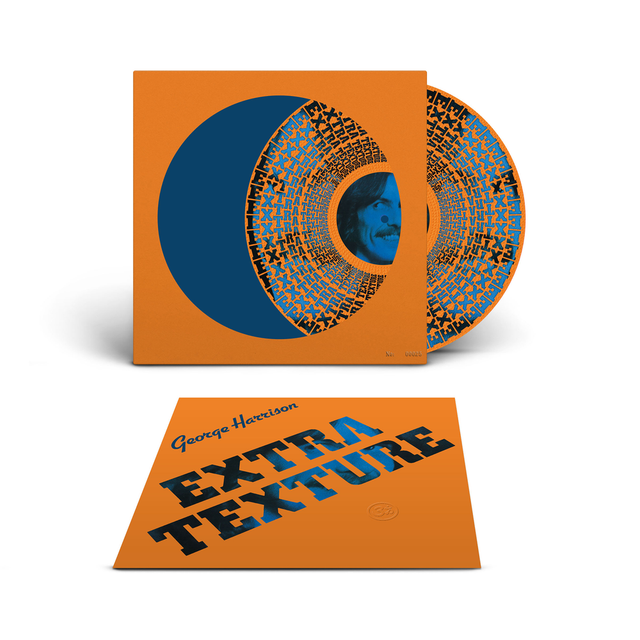 Vinyl record with orange and blue design and a matching cover on a white background