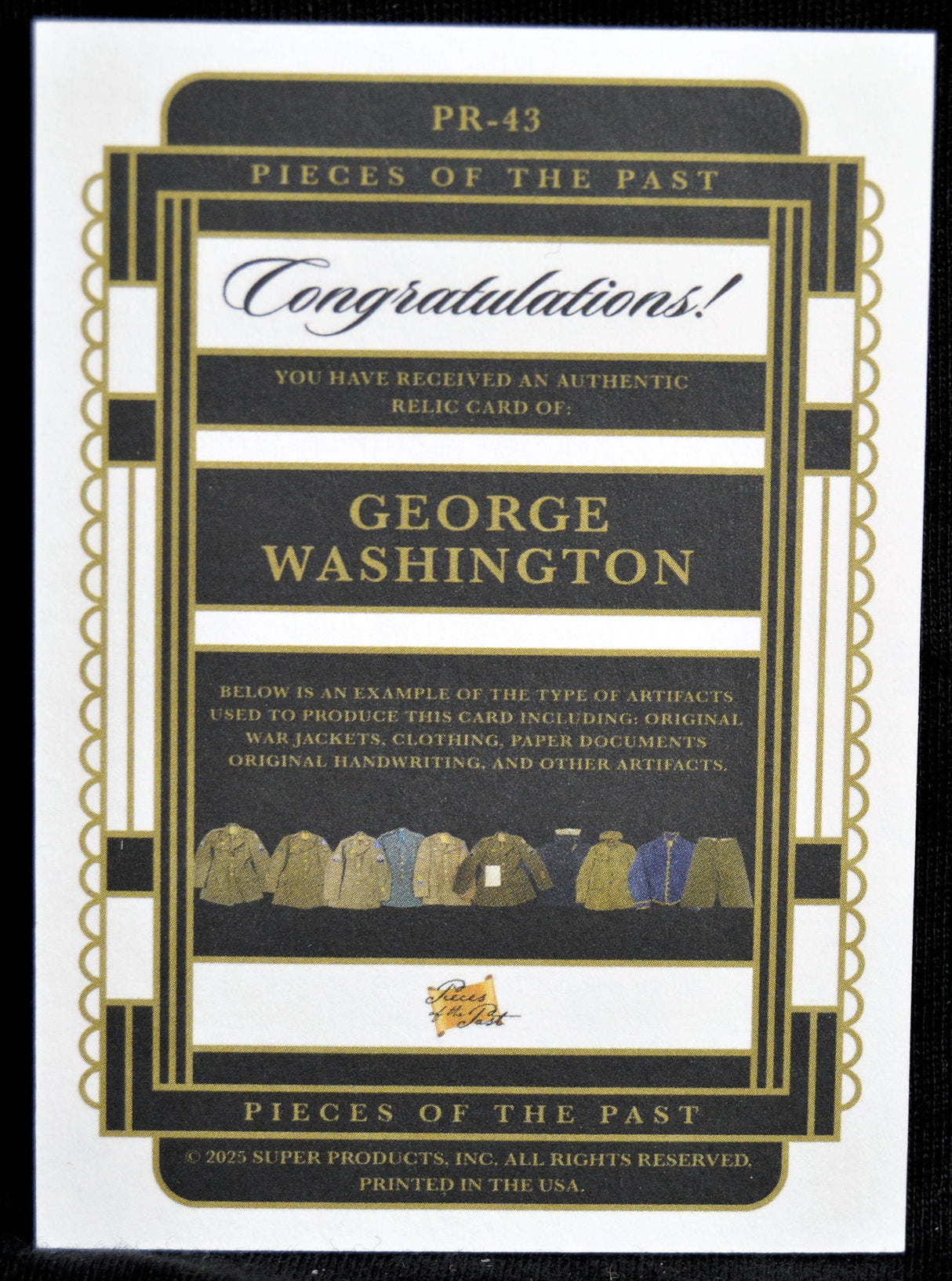 Certificate of authenticity for George Washington relic card from Pieces of the Past