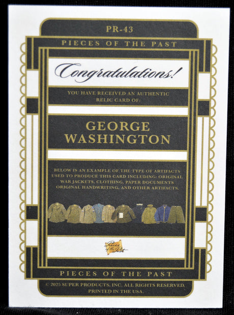 Certificate of authenticity for George Washington relic card from Pieces of the Past