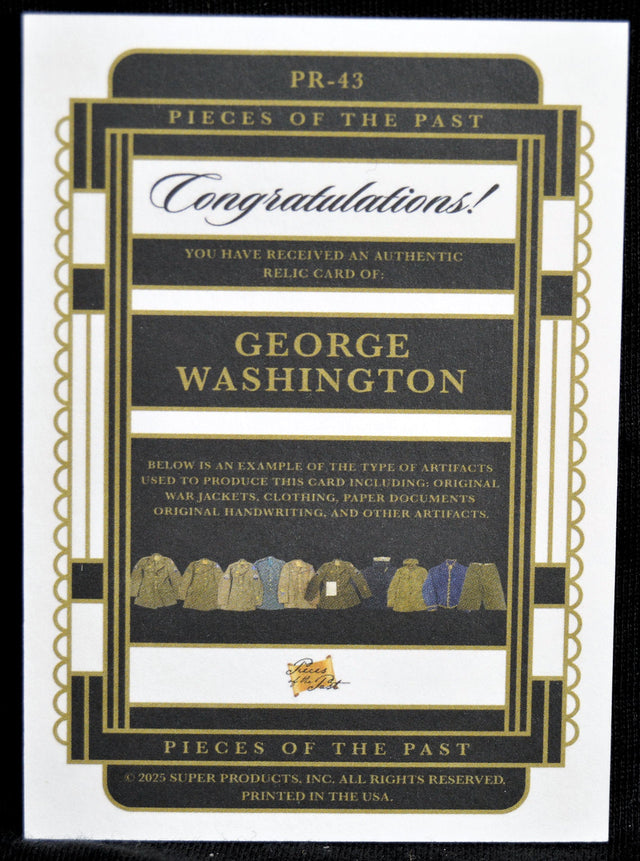 Certificate of authenticity for George Washington relic card from Pieces of the Past