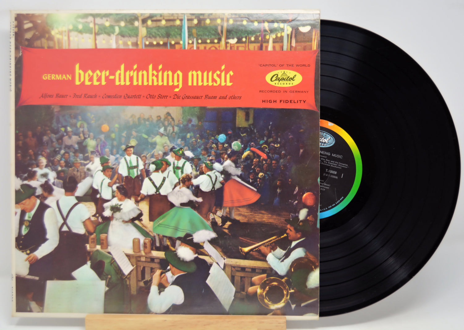 Vinyl record 'German Beer Drinking Music' with front cover featuring scene inside a german beer garden