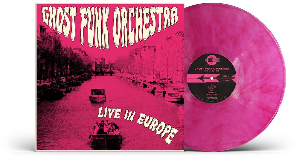 Vinyl record and cover of 'Ghost Funk Orchestra Live in Europe' with pink color scheme.